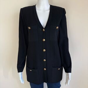 St. John Collection Black Santana Knit Sweater Blazer Sz 8 Gold Buttons Pockets